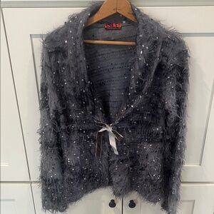 Isle Apparel Gray Textured Cardigan with velvet Ribbon Tie size M